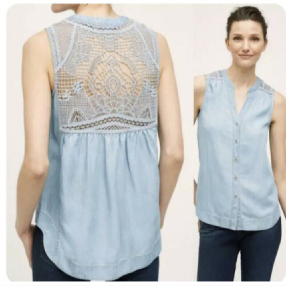 Holding Horses Chambray Sleeveless Top Anthropologie Size 10 Lace Crochet Back